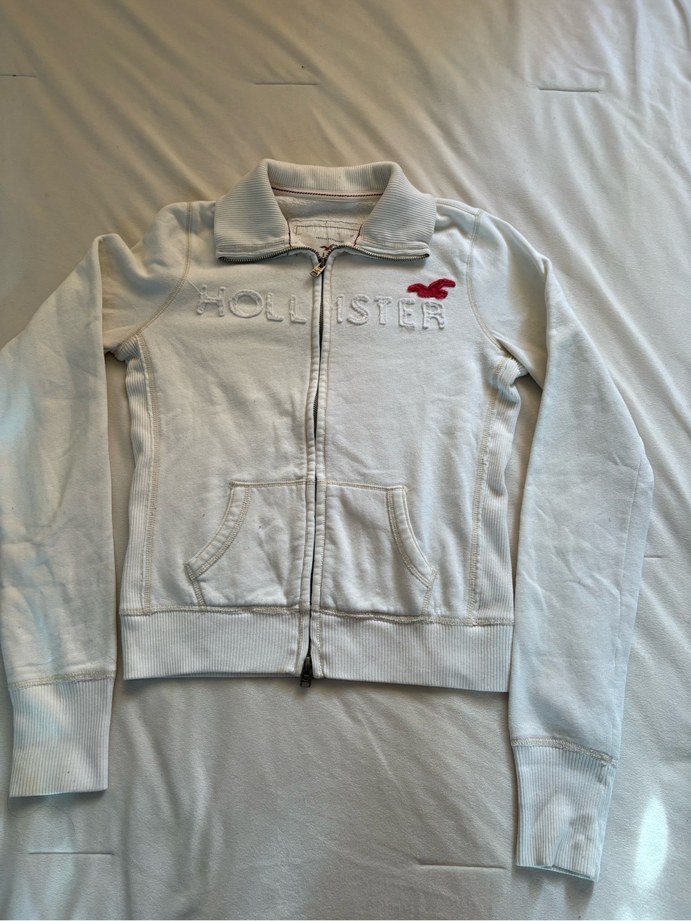 Hollister White Full-Zip Logo Sweatshirt with Red Seagull